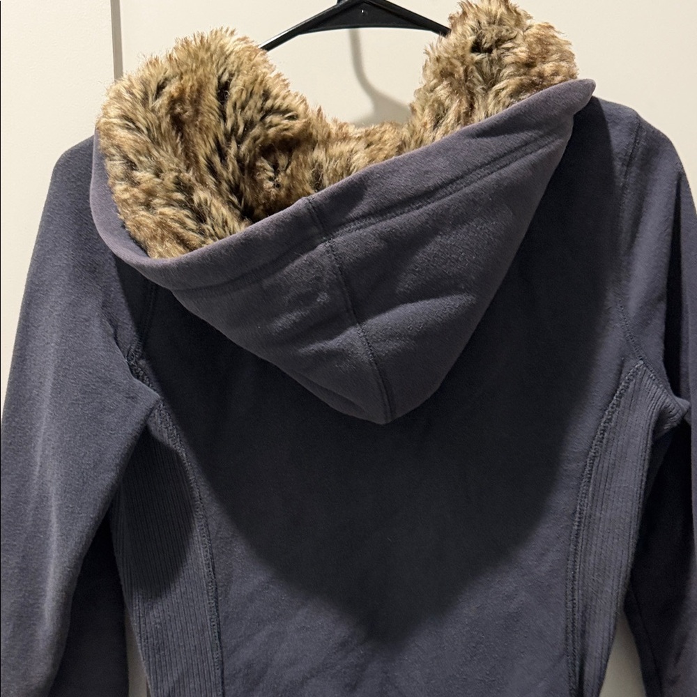Vintage Old Navy Gray Full Zip Jacket with Faux Fur Hood Ribbed Wrist and Waist